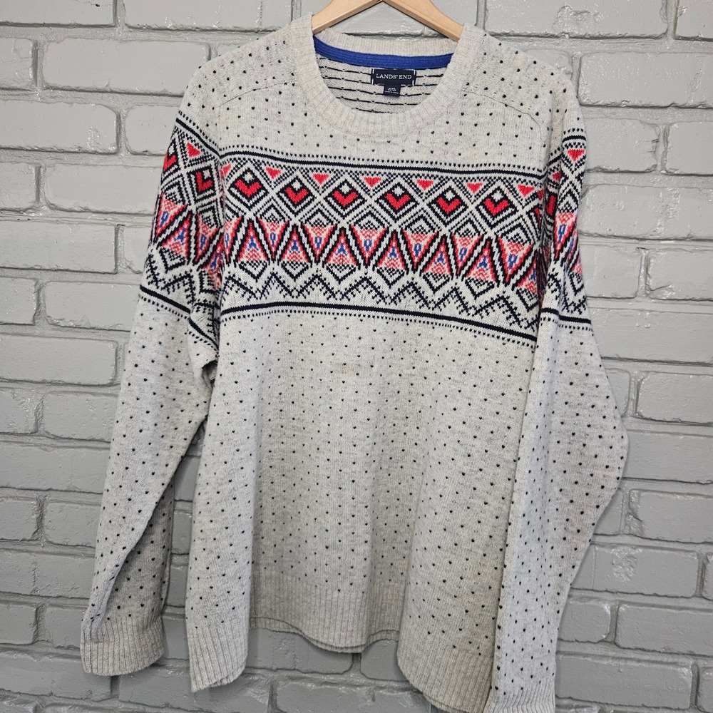 Lands End Mens XXL 100% Lambswool Fair Isle Crewneck Sweater Oatmeal Gray 463784